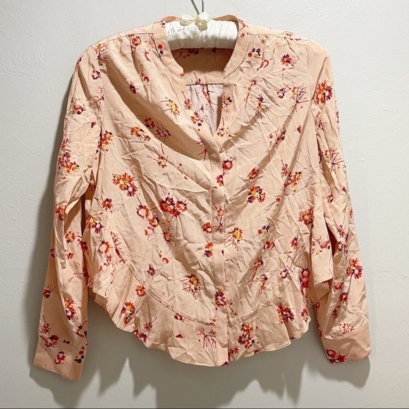 FOUNDRAE Women’s Peach Floral Silk Button Up Ruffle Hem Long Sleeve Blouse Sz 4 - Picture 1 of 9